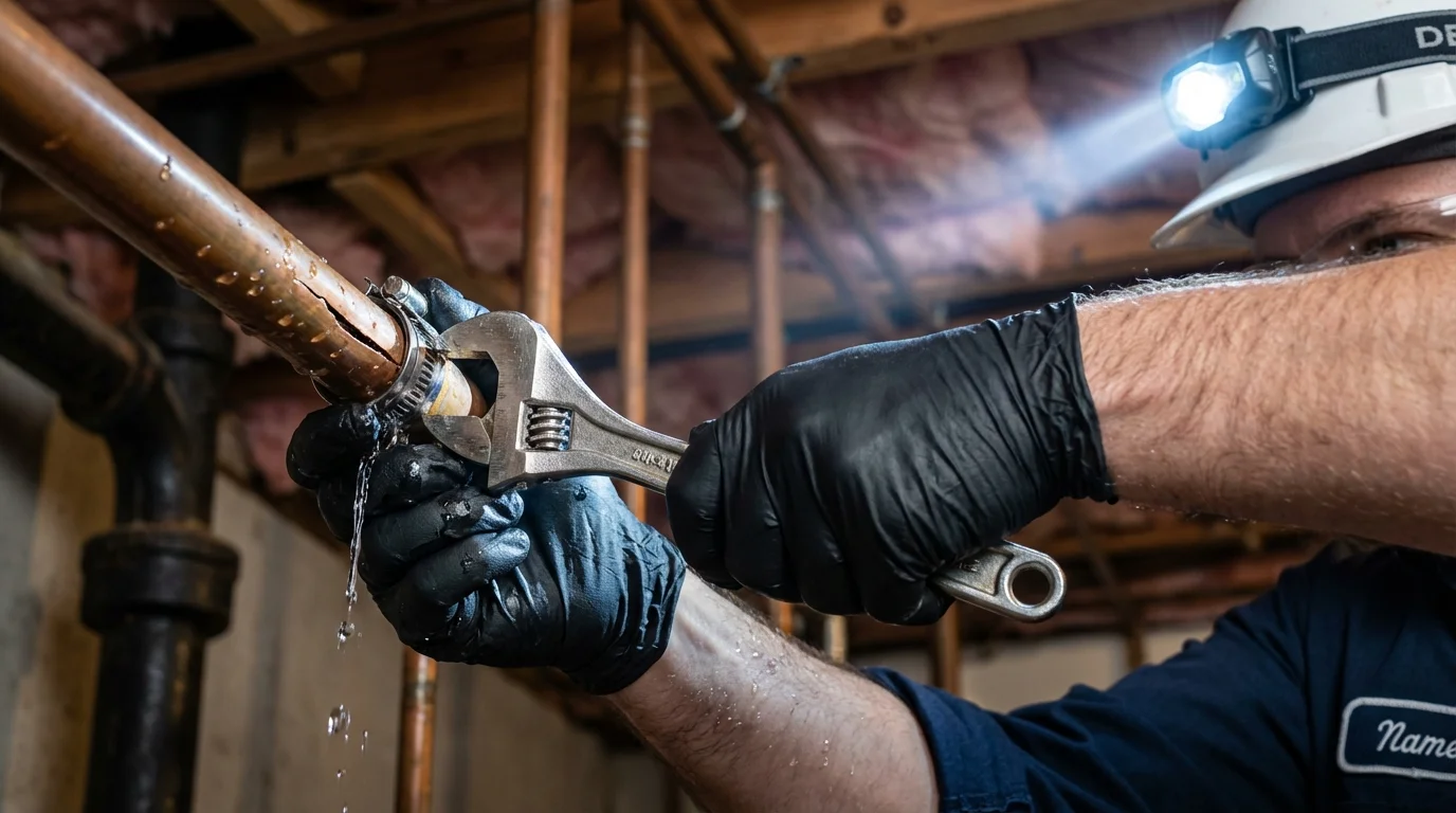 Emergency pipe clamp repair being performed by a Johns Plumbing LLC plumber in Rio Rico