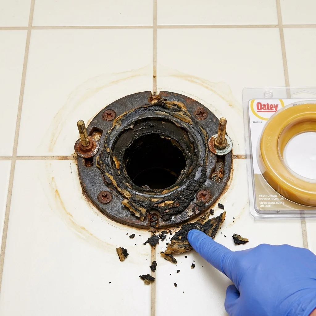 Failed wax ring showing water seepage at the base of a toilet in a Rio Rico, AZ home