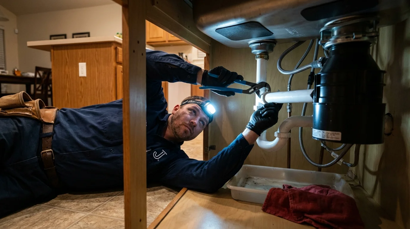 P-trap and supply line connections under a kitchen sink showing a common leak point in Rio Rico, AZ